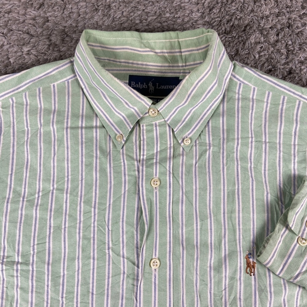 Ralph Lauren Classic Fit Mens 16.5 34/35 L Green Striped Long Sleeve Button Down